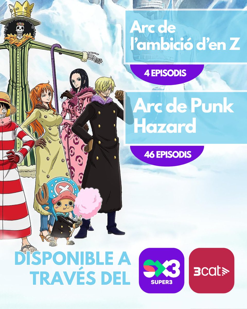 50 NOUS EPISODIS DE "ONE PIECE" AMB <a href="/DoblatgeCatala/">Doblatge en català</a>! 

Avui, divendres 10 d'abril, s'estrenen dos nous arcs a la plataforma <a href="/som3cat/">3Cat</a> i <a href="/SomSX3/">SX3</a>! Son els arcs de l'ambició d'en Z (4) i el de Punk Hazard (46)!

🏴‍☠️ Segueix les aventures de la tripulació del barret de palla com cal!