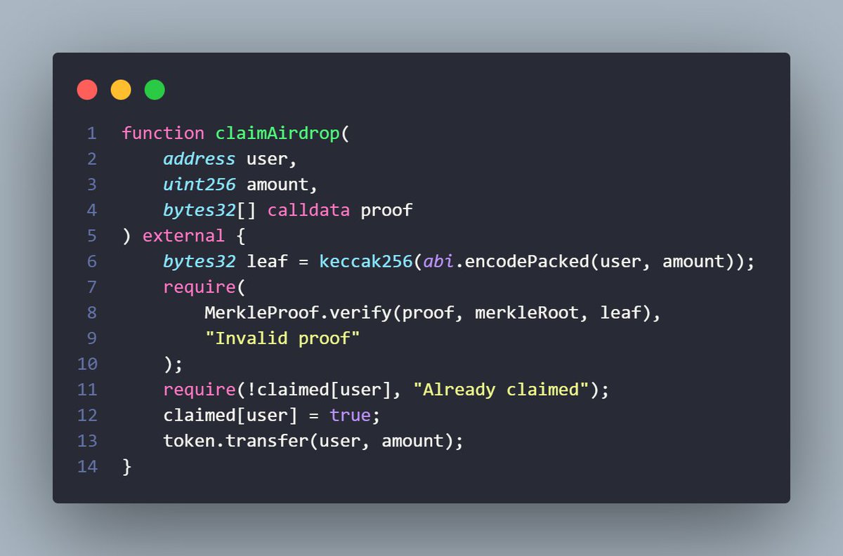SPOT THE BUG #10 — Merkle airdrop claim. What is the vulnerability?

Hint: Who is the function caller? Is msg.sender relevant here? 

What attack does this enable? 
Everyone should give it a try for todays challenge.

Answer in 24 hours in comment section 👇