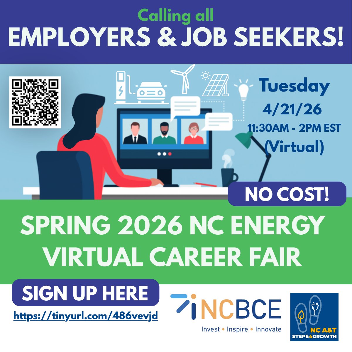 CleanEnergy_NC's tweet photo. Registration is now open to both #jobseekers and #employers to join us on 4/21/26 Tuesday from 11:30AM EST - 2PM for our 2026 Spring NC Energy Virtual Career Fair! Virtual employer booths are available AT NO COST and registration is FREE to job seekers! https://t.co/zPCVZg6GDB https://t.co/e5ZD1QAh35
