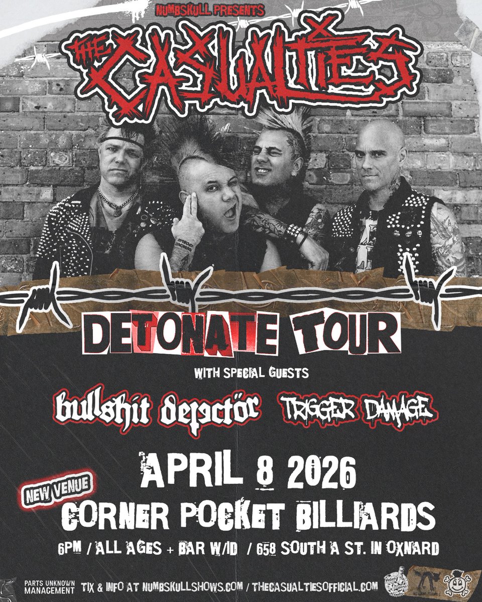The_Casualties's tweet image. ATTENTION OXNARD PUNX. Due to the venue double booking the show we have moved the show to Corner Pocket Billiards right around the corner and all tickets are still valid!! We look forward to seeing you!!

#thecasualties #weareallwehave #detonate #peopleoverpower