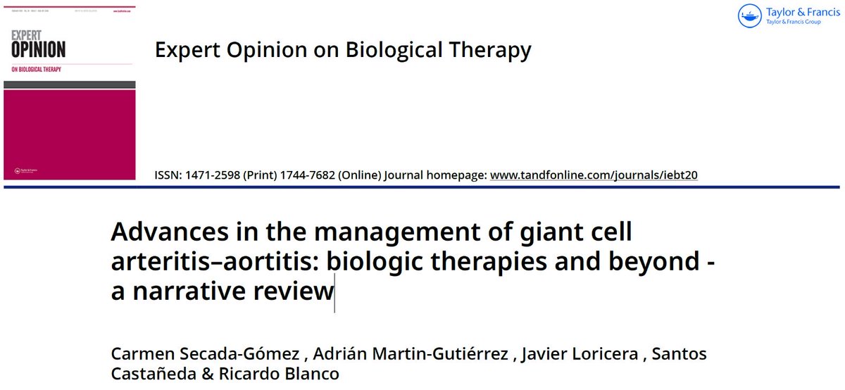 📚 Nuevo artículo sobre ACG‑aortitis. Revisamos en Expert Opinion on Biological Therapy los avances en fisiopatología, imagen y tratamiento.