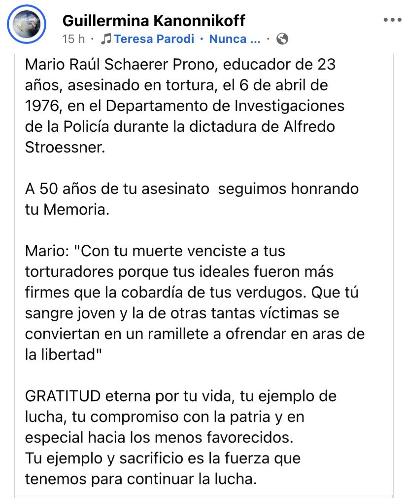 A 50 años del crimen de Mario Schaerer Prono (23 años). Torturado y asesinado por la dictadura estronista ¡Mario, presente! ¡ Ahora y siempre! 💪🏻🙌🏻
Su compañera, Guillermina quíen estaba embarazada en aquel entonces, permaneció largo  tiempo presa bajo  el régimen. Ella y los