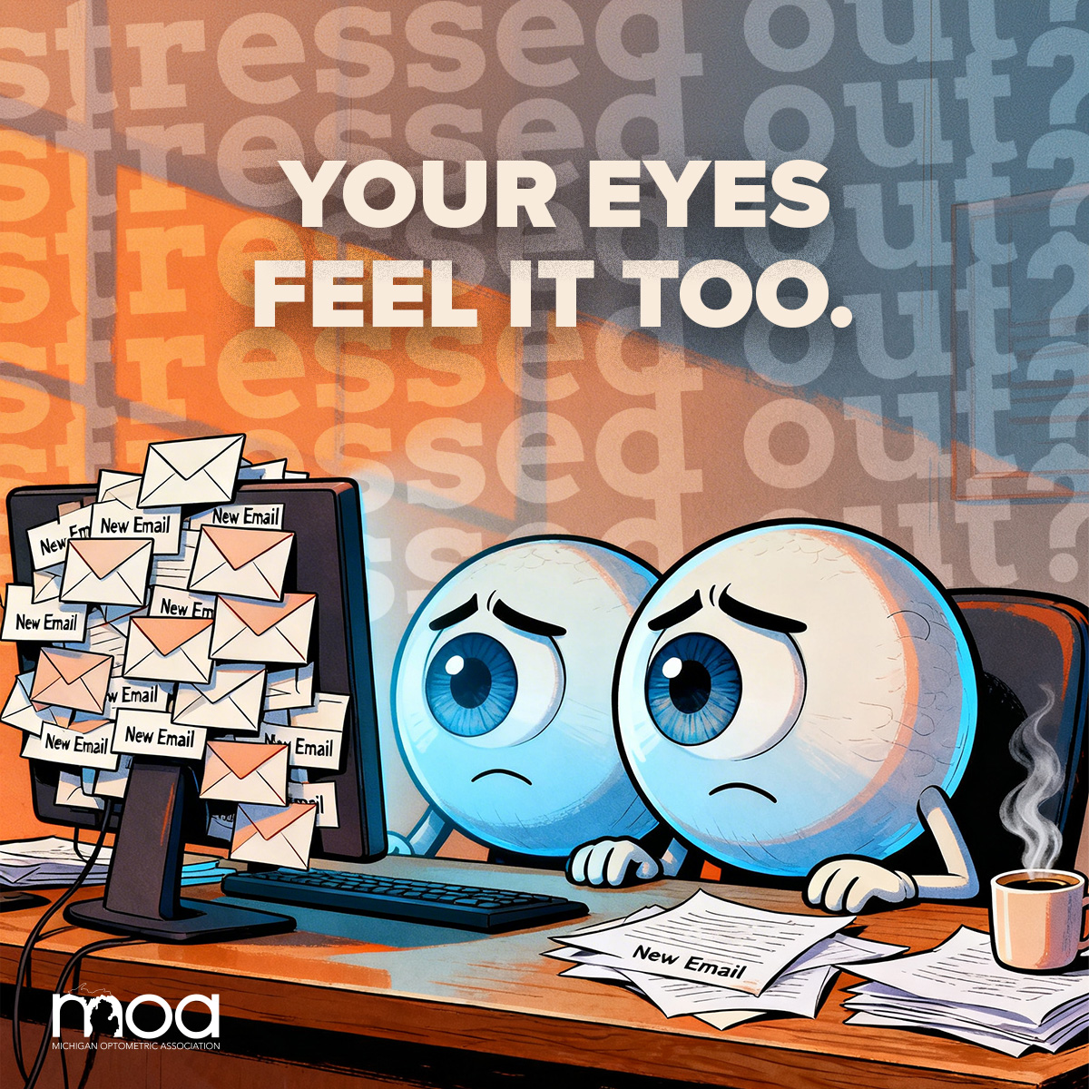 MichOptometrist's tweet photo. April is National Stress Awareness Month. Stress can impact your vision—causing eye strain, fatigue, and discomfort. Take breaks, rest your eyes, and prioritize your health. 

Learn more about how stress can impact your eye health.
➡️ https://t.co/GoVLGNHs1R https://t.co/7kmNyIOD0Z