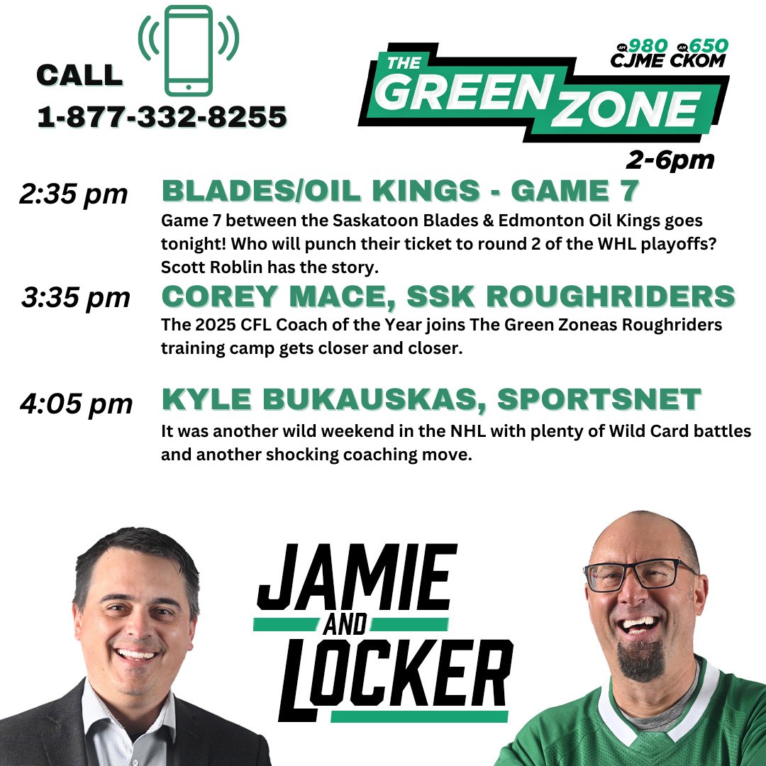 GreenZoneSK's tweet image. The 2025 #CFL Coach of the Year, Corey Mace, joins The Green Zone today! #Riders @sskroughriders 

Plus we talk WHL Playoffs, the NHL races to the playoffs and another playoff contending coach was fired. What is happening in the NHL this year?