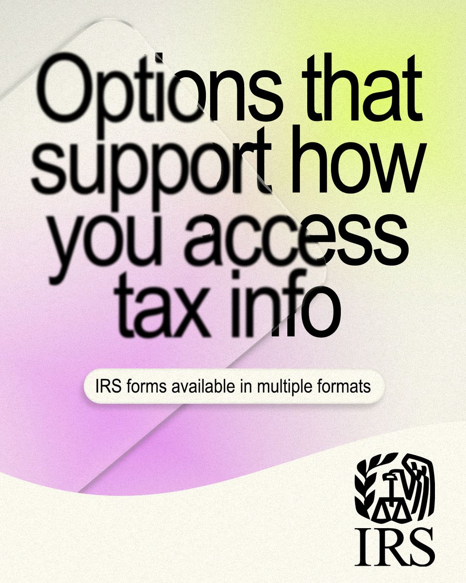IRSnews's tweet photo. Need tax forms or notices in eBraille, large print, or audio? The #IRS makes tax info accessible to everyone, and you can set your preferred format for future communications, too. Find out how to get the formats you need: https://t.co/SSybMgT5xV #taxtip https://t.co/u9MMCOGTu8