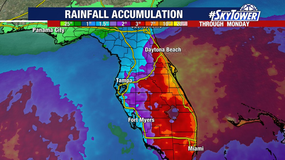 PaulFox13's tweet photo. Playing baseball this week? Under a roof is the way to go.

Most of the heaviest rain will be concentrated inland and along the east coast as a slow moving front drifts down the state. #Forida #Raysup https://t.co/26spRJUDmU