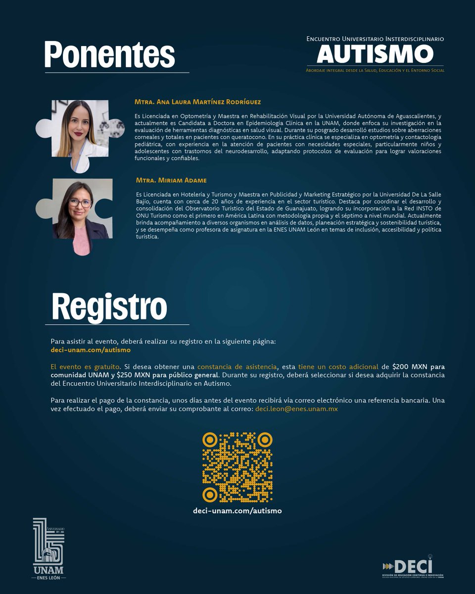 🧩 Encuentro Universitario Interdisciplinario: AUTISMO

Te invitamos a formar parte de este espacio académico donde especialistas abordarán el autismo desde la salud, la educación y el entorno social, promoviendo una visión integral e inclusiva.

📅27 de abril de 2026
📍ENES