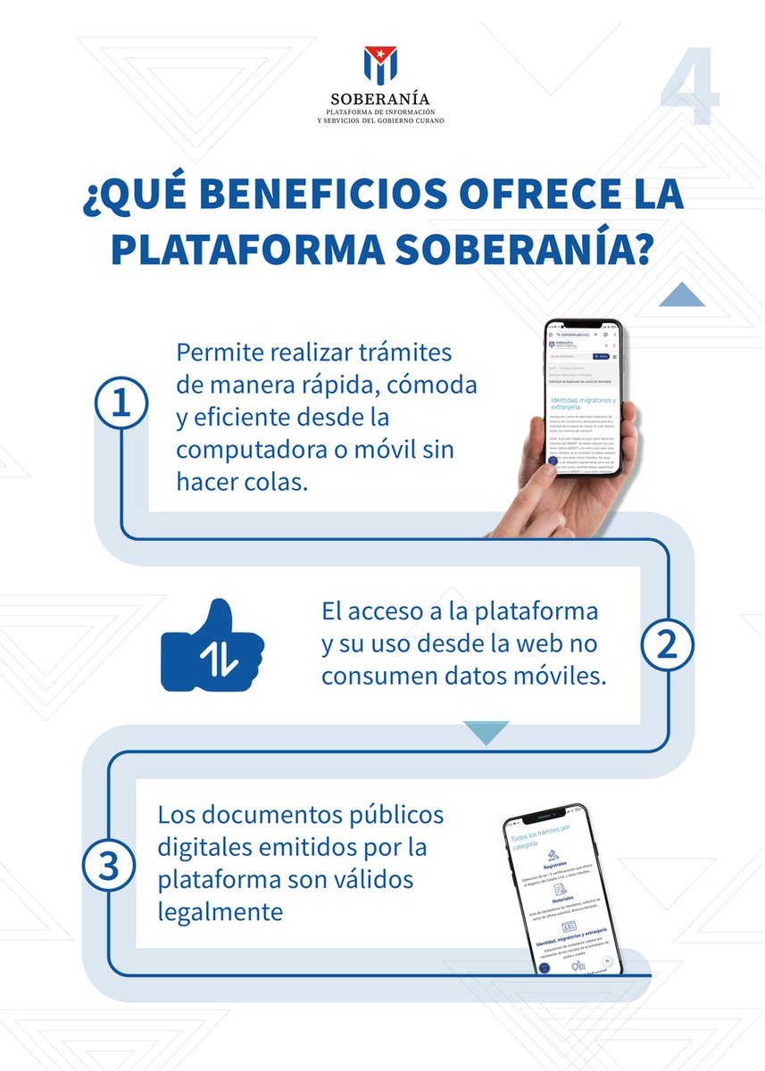 🙋‍♀️🙋‍♂️| Les compartimos algunos de los beneficios que ofrece Soberanía, plataforma de información y servicios del Gobierno🇨🇺.

1. Su acceso y uso desde la web no consumen datos móviles.