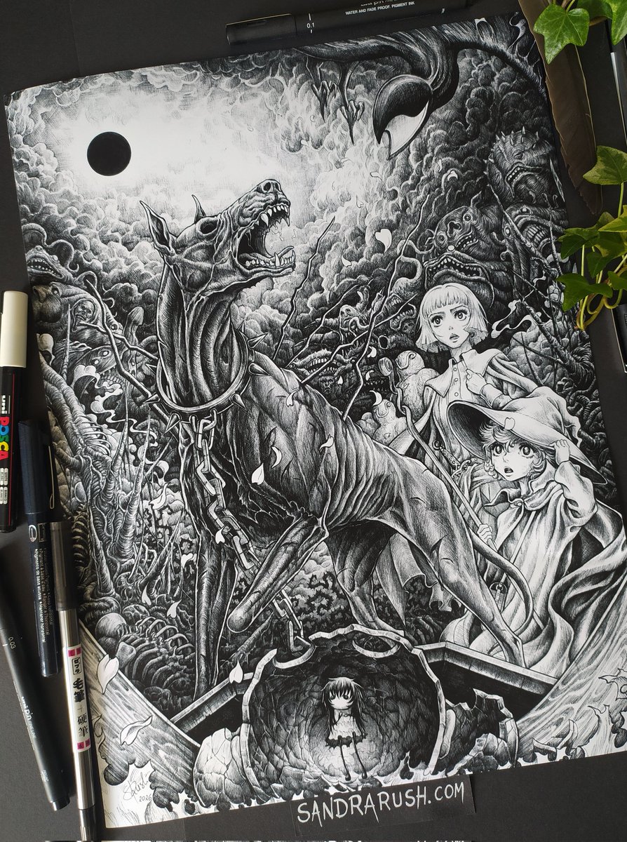 Sandra_S_Rush's tweet photo. My new hand-drawn Berserk inkwork "Scattered Dreamscape" 🖤 Prints &amp; goods available here https://t.co/lEfQwo4IKY 🖤 https://t.co/x0VZ2ykRJ7