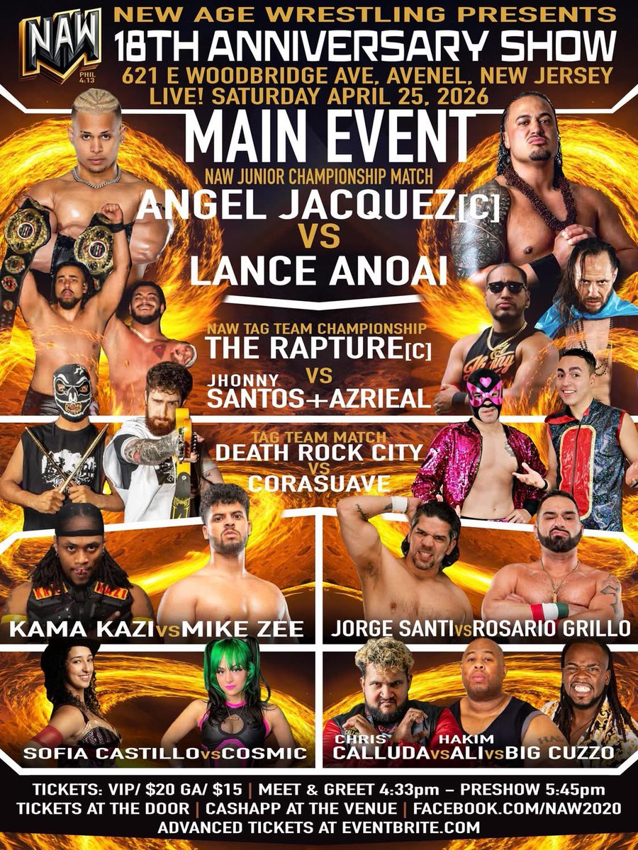 NAW_PRO's tweet photo. What an amazing lineup for our 18 Yr Anniversary Show On Sat April 25th 

Come check us out #live from our new home at 621 Woodbridge Ave Avenel, New Jersey 

Meet &amp; Greet: 4:30pm
Pre Show: 5:45pm 

Tickets @ The Door &amp; at https://t.co/v8AC8jELSX 

VIP: $20
General Admission: $15 https://t.co/JOxayRN0fn