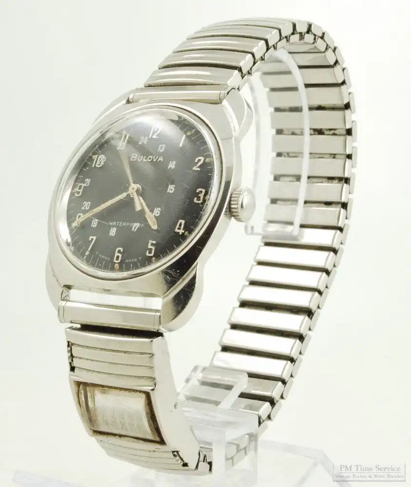 PMTimeService's tweet photo. A #vintage Bulova wrist watch from 1968, with a 17-jewel movement, thin-model water-resistant stainless steel case with curved wedge-shaped extended lugs, &amp; an interesting band featuring a perpetual calendar:
https://t.co/oFAQNILqGG https://t.co/QJOCUyfk7z