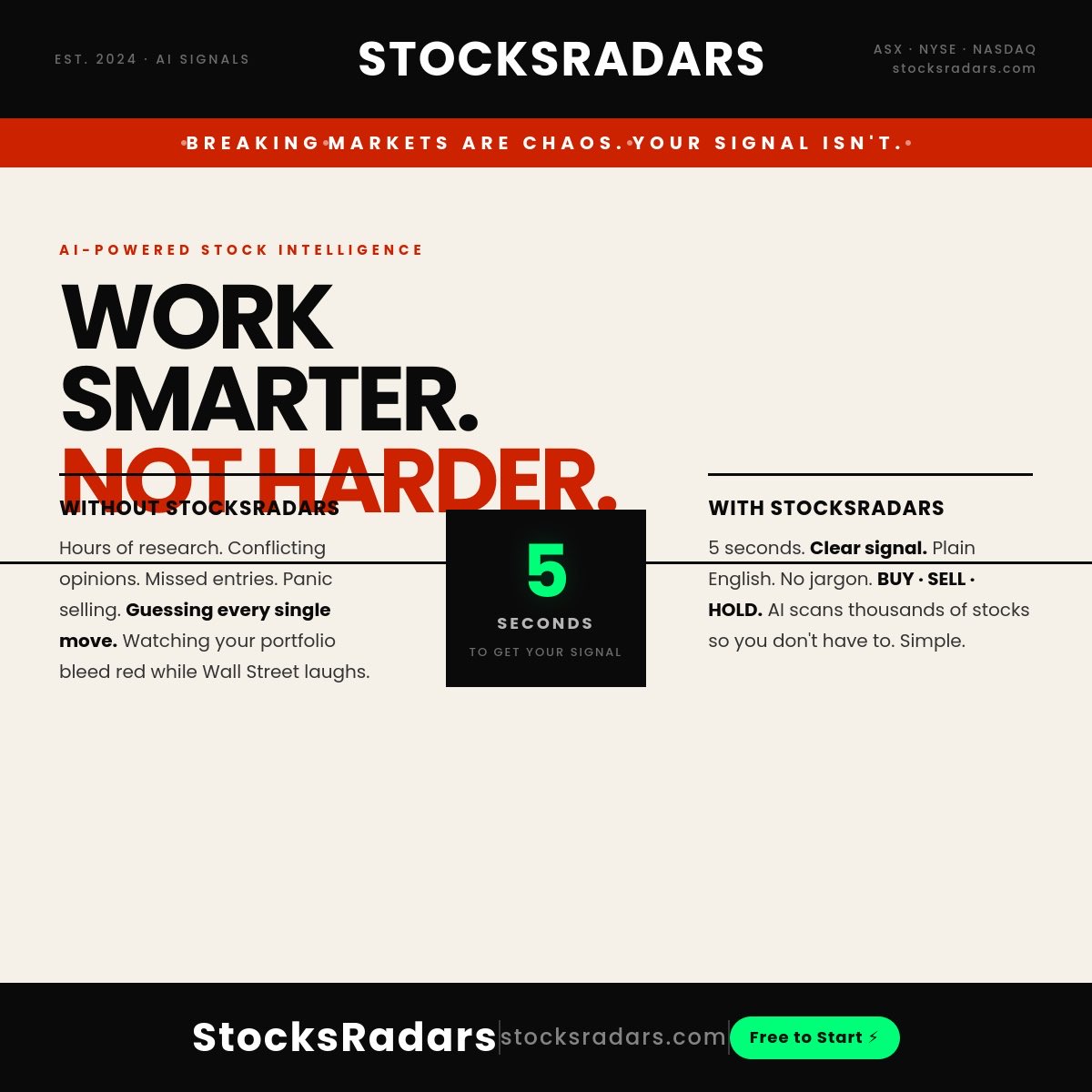stocksradars's tweet photo. The finance world wants you confused.

Confused = you need them. Confused = fees. Confused = passive.

Here's the truth:
✓ The basics aren't hard
✓ Watch strong. Avoid troubled.
✓ Be patient. Don't panic.
✓ Know WHICH ones — that's where we come in.

"The market is talking. We translate."

#DemocratiseInvesting #StocksRadars #EveryoneCanInvest #ASX #PlainEnglish