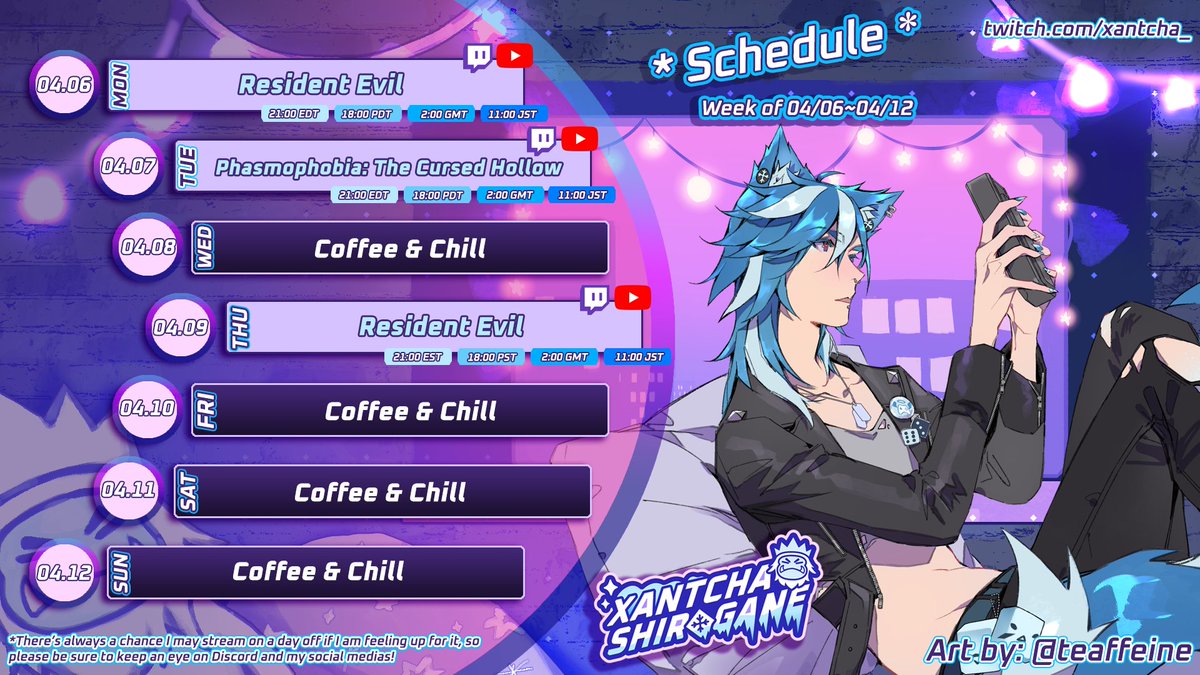 xanscafe's tweet photo. Cafe Menu for the week of April 6th 🐰🌷 

More Resident Evil and Phasmophobia this week! Debating on a Friday stream still though! Hope to see you there!

{Tags &amp; Socials}

🧊Fan Name: Degens
🐺General: #xanshiro
🎨Art: #GoodPunksOnly

🍵Socials: https://t.co/c0iJwpzdcl https://t.co/ATqvW01vZw
