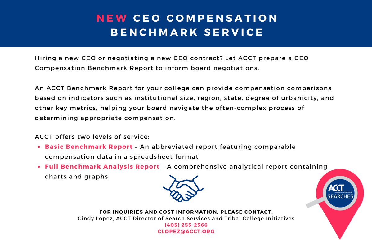 CCTrustees's tweet image. Hiring a CEO?🤔

Take advantage of ACCT's new CEO Compensation Benchmark Service to receive compensation comparisons based on the specific demographics of your college!

#CCMonth #MembershipMatters