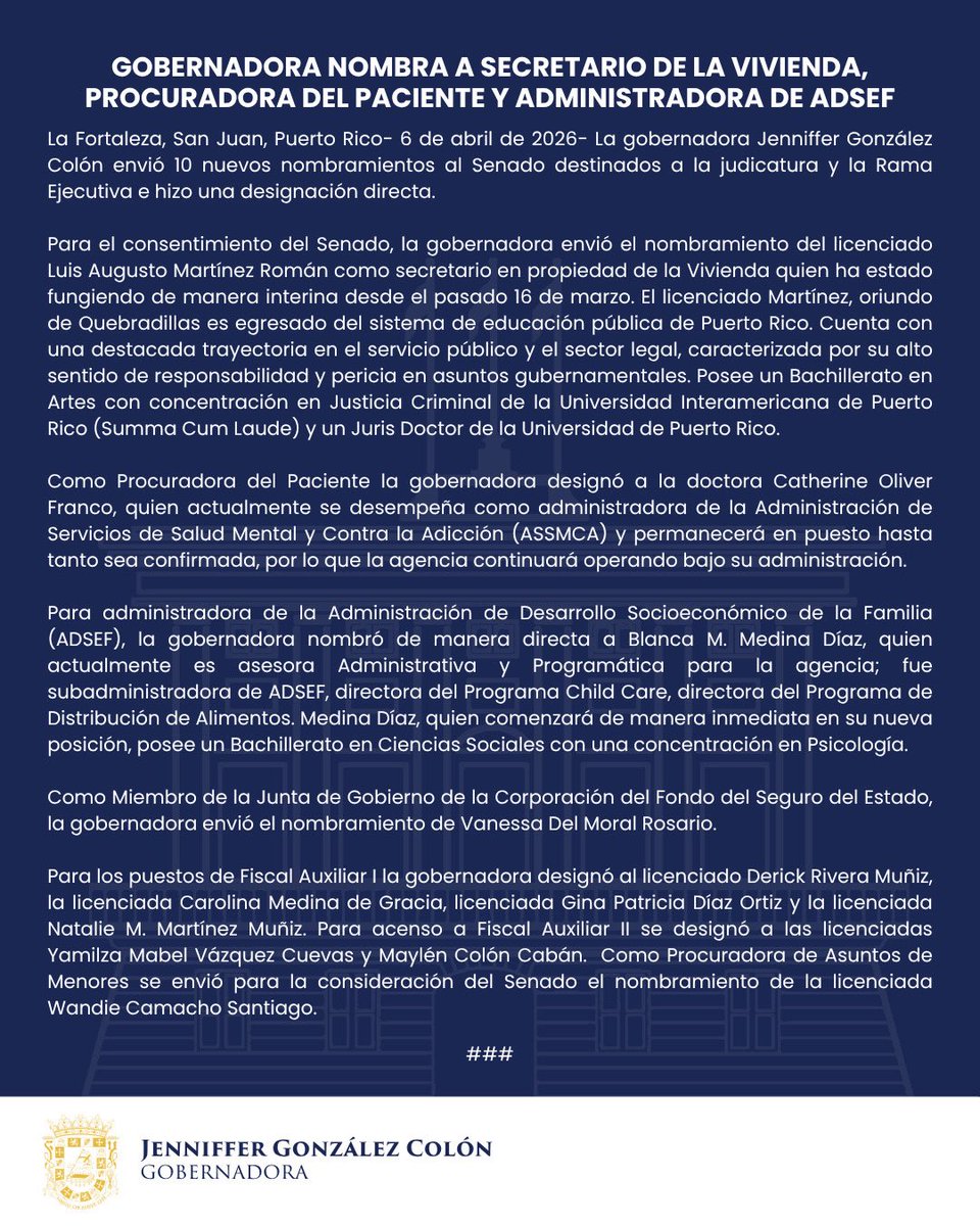 Jenniffer's tweet photo. Comunicado de Prensa | Gobernadora nombra a secretario de la Vivienda, Procuradora del Paciente y Administradora de ADSEF
 
Mandataria envía un total de 10 nombramientos al Senado https://t.co/24BZjHFWIC