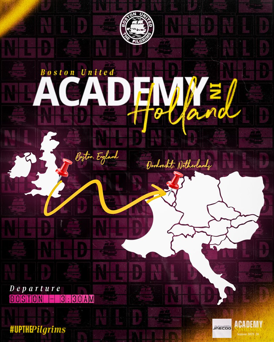 bufcacademy's tweet photo. 🚐 Our academy sets off bright and early tomorrow morning, heading to Holland for an exciting trip through to Friday!

🙌 Wishing all players and staff an amazing tour—enjoy every moment!

🤝Academy sponsored by Duckworth Jaecoo 

#UpThePilgrims 🧡🖤 #AcademyInHolland 🇳🇱 https://t.co/2x3iP46GrN