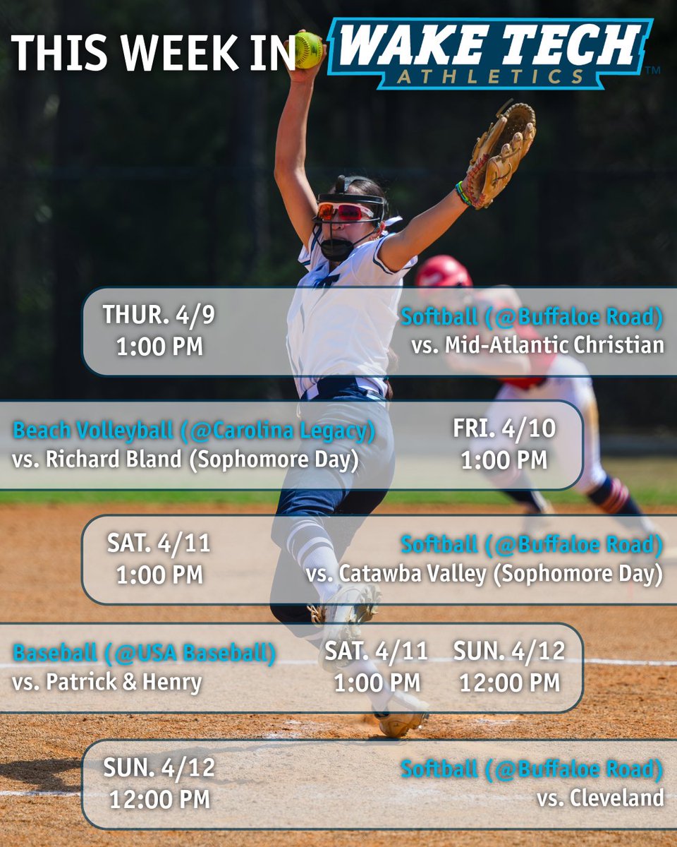 waketechsports's tweet photo. 🗓️ This Week in #WakeTech Athletics 🦅
Sophomore Days for @WakeTechBeachVB and @WakeTechSB, and a change in venue for @waketechbsb as the Eagles head to Cary for a home series at the USA Baseball National Training Complex! 

Another busy week for Wake Tech Athletics! https://t.co/Y0dhWMMLIq
