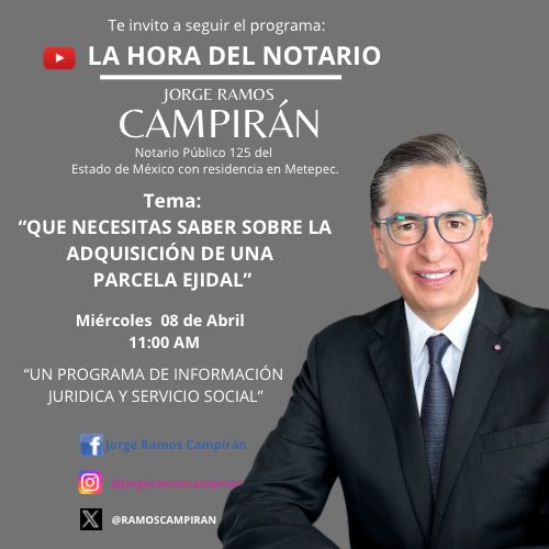 RAMOSCAMPIRAN's tweet photo. #LAHORADELNOTARIO miércoles 08 de Abril  
Con el Tema: 

“QUE NECESITAS SABER SOBRE LA ADQUISICIÓN DE UNA PARCELA EJIDAL”

Suscríbete a mi canal de YouTube 
“LA HORA DEL NOTARIO”
Dale like 👍🏻 y comparte 🔗
@notariadomex @cnotariosedomex https://t.co/82Ubc3kWOs