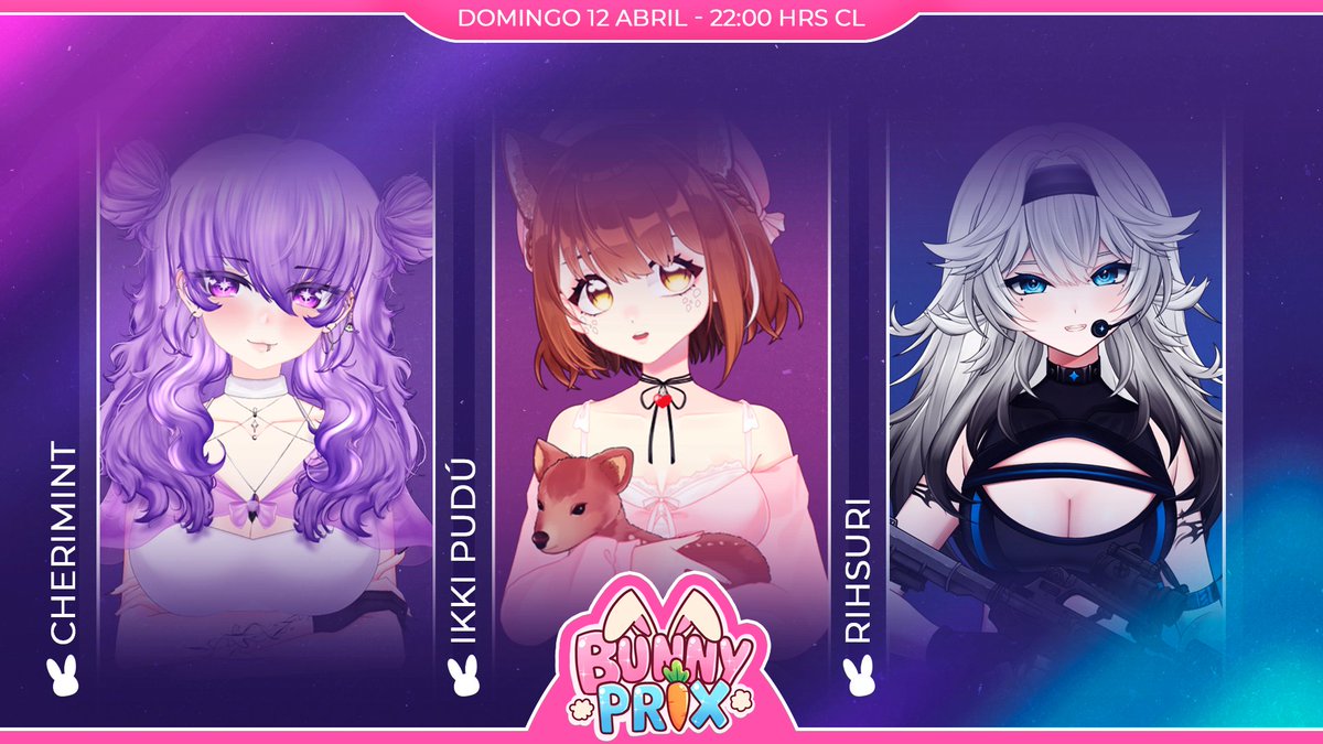 🏁¡Primeras corredoras confirmadas!🏁 

¡Ellas ya están listas para el BUNNY PRIX: Hop and Heels! ✨
✧ <a href="/TCherimint/">Cheri ✖🔪</a> 
✧ <a href="/Ikki_Pudu/">Ikki Pudú 🍮👑</a> 
✧ <a href="/RIHSURI/">RiRi 🌟🛰️</a> 
Prepárate para apoyarlas con todo este 12 de abril 🗣️

¡Toda la información del evento en el post principal! ⬇️