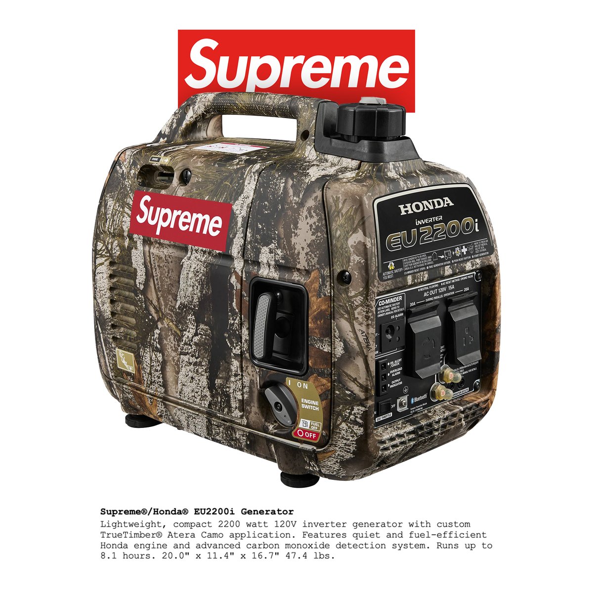 Supreme Bug-A-Salt 3.0 and Honda EU2200i Generator are set to release this week 🔥

Which one are you going for? Stay tuned for droplist coming later today 🔜

Details:

🔌 Lightweight, compact 2200 watt 120V inverter generator with custom TrueTimber® Atera Camo application.