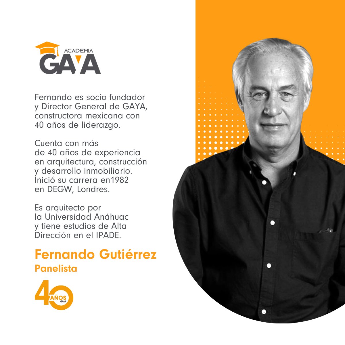 Fernando Gutiérrez, socio fundador y Director General de GAYA, como parte de nuestro panel de expertos. Con más de 40 años en el sector, su experiencia en arquitectura y desarrollo inmobiliario aporta una visión estratégica del futuro.
Regístrate: blog.gaya.mx/-inscripcion-9…