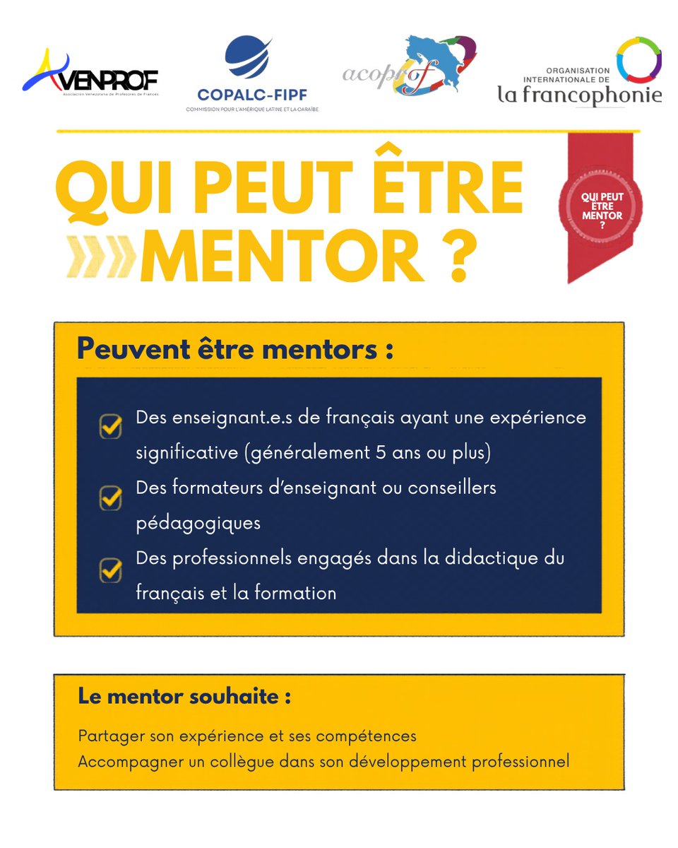 avenprofoficial's tweet photo. 🇫🇷 Tu enseignes le français ? Ce programme est fait pour toi !
Rejoins le Programme Mentorat Francophone pour l'Excellence en Didactique, une initiative de l'@OIFrancophonie en partenariat avec @AcoprofCR et @avenprofoficial. 🌎 https://t.co/GNsQKelvWY