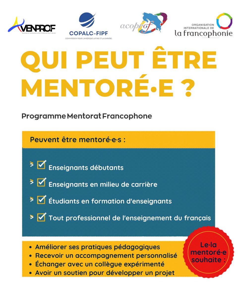 avenprofoficial's tweet photo. 🇫🇷 Tu enseignes le français ? Ce programme est fait pour toi !
Rejoins le Programme Mentorat Francophone pour l'Excellence en Didactique, une initiative de l'@OIFrancophonie en partenariat avec @AcoprofCR et @avenprofoficial. 🌎 https://t.co/GNsQKelvWY
