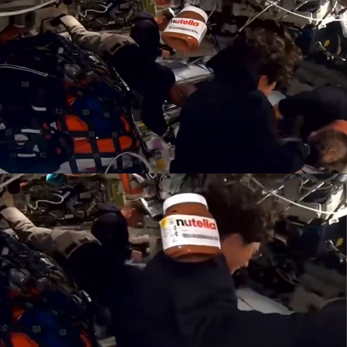 CerebrosG's tweet image. Una Nutella flotando en plena transmisión en vivo de la NASA en la misión Artemis II.