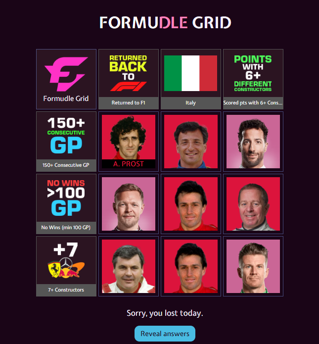 formudle's tweet photo. Formudle Grid:

- Resolved an issue where Normal and Hard modes displayed the same categories.
- After losing the game, driver names are now revealed when hovering over their photos. (screenshot below, look at Prost) https://t.co/MFu8PTqngD