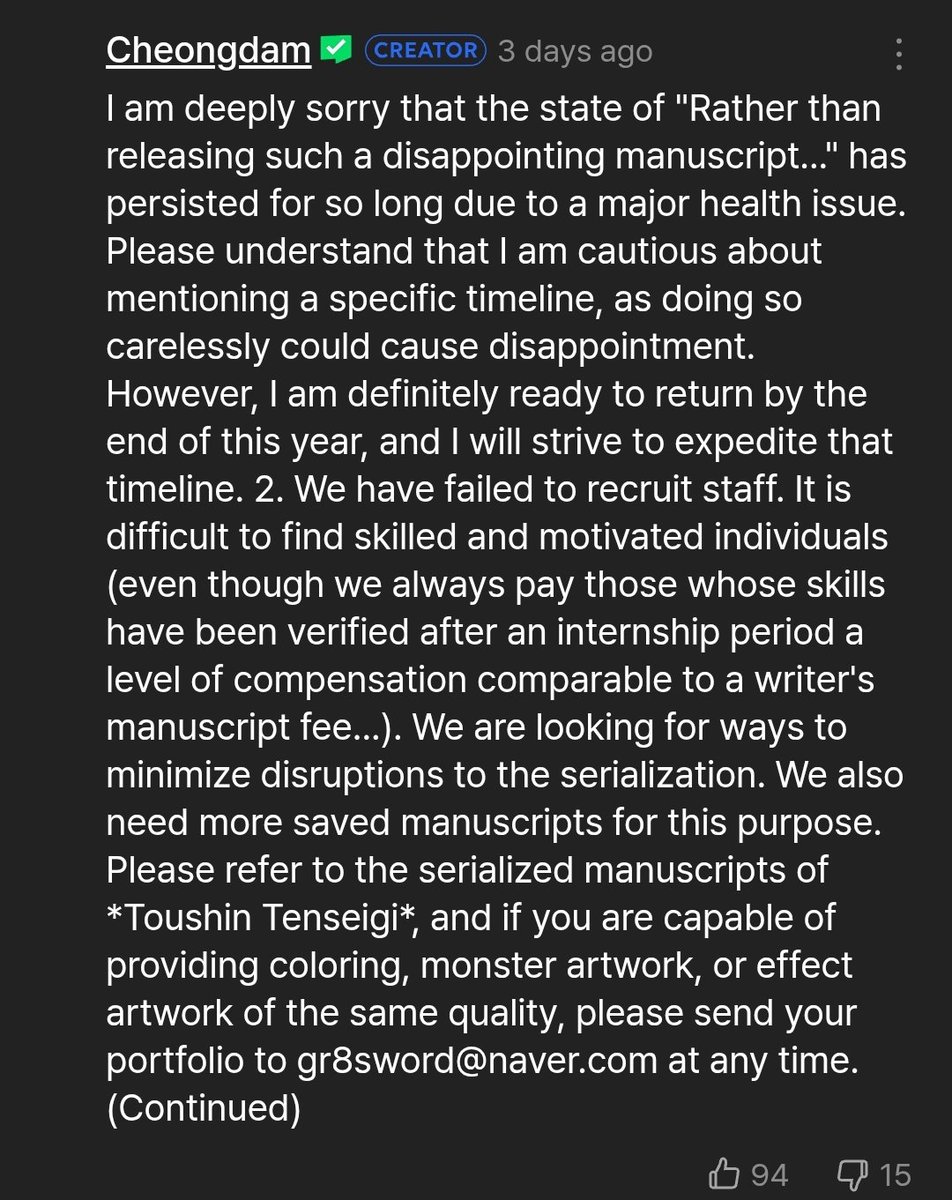 Manhwa_updates's tweet photo. NEW UPDATE!!!

The author of #DoomBreaker /투신전생기 has stated they will definitely return by the end of this year.  But they will not mention a specific timeline, because it would cause disappointment. More info in the comments about reasons for that.

#manhwa https://t.co/an6c0VbdTL