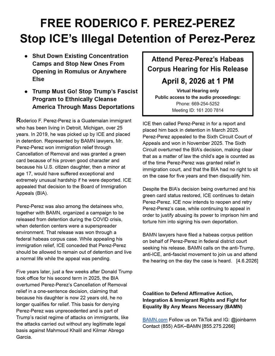 followbamn's tweet image. FREE RODERICO F. PEREZ-PEREZ

Stop ICE's Illegal Detention of Perez-Perez!

Attend Perez-Perez's Habeas Corpus Hearing for His Release:
April 8 at 1PM eastern
Virtual Hearing only
Public access to the audio proceedings:
Phone: 669-254-5252
Meeting ID: 161 200 7814

#DefeatTrump