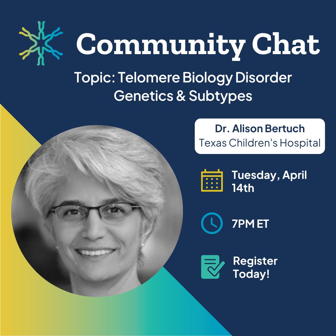 TeamTelomereInc's tweet photo. Join us for our April Community Chat with host Dr. Alison Bertuch, topic Telomere Biology Disorder Genetics & Subtypes!
Register now! Tuesday, April 14, 2026 at 7:00 PM ET
Link: https://t.co/SiJLQMtSZg
#TBD #Telomere #CommunityChat #RareDisease #DyskeratosisCongenita https://t.co/GpIRtPnWay