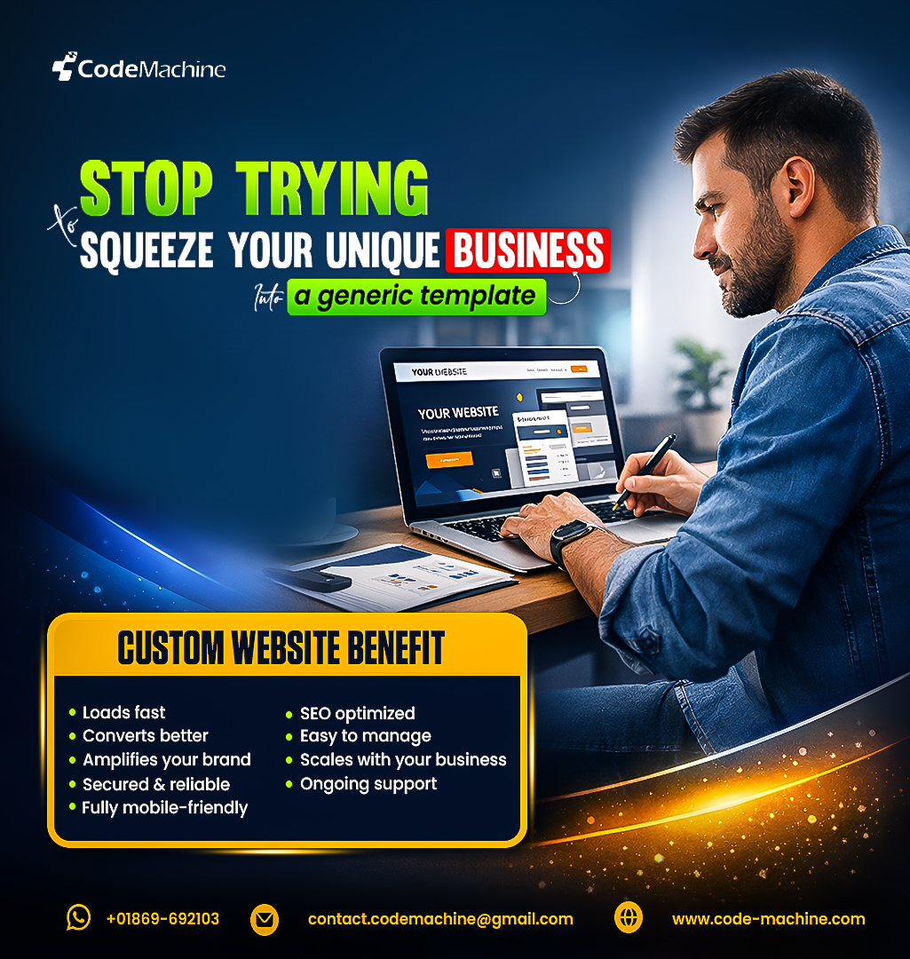 jakaria0909's tweet photo. Stop trying to squeeze your unique business into a generic template. 
Get a custom website that amplifies YOUR brand, loads fast, and converts better. Let’s build a digital HQ that actually stands out.
Call us: +01869-692103
Email: contact.codemachine@gmail.com https://t.co/9Pxil4isHs