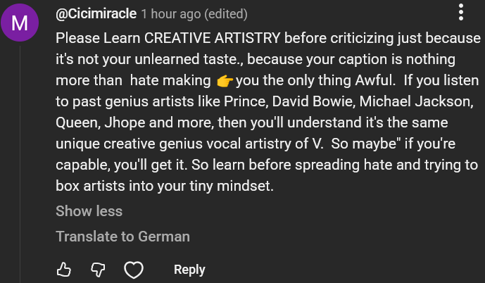 "If you listen to past genius artists like Prince, David Bowie, Michael Jackson, Queen, Jhope and more, then you'll understand it's the same unique creative genius vocal artistry of V" The ARMY parasocialism is reaching never seen before heights you cannot make this up 😭😭😭
