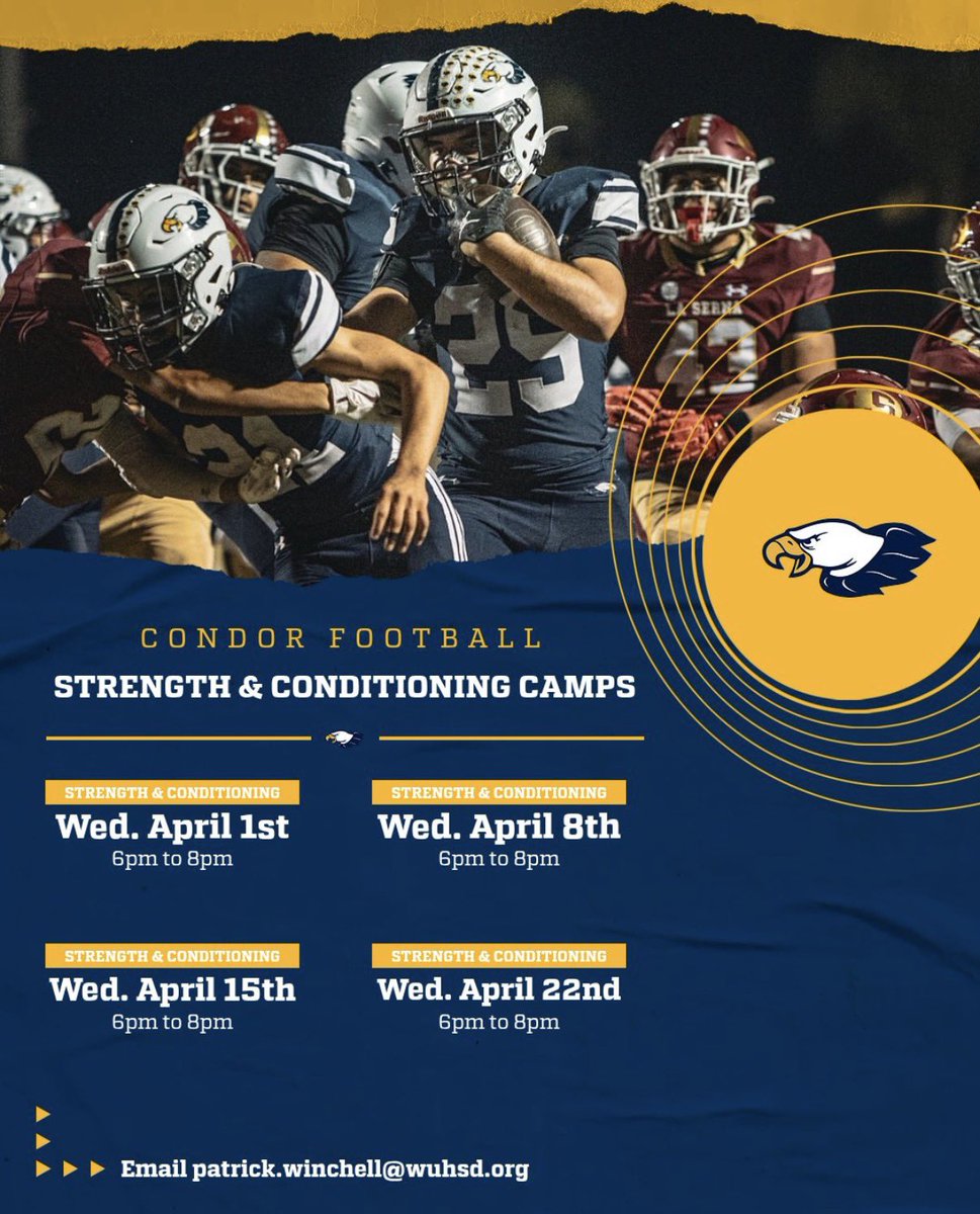 CondorFootball's tweet photo. WE ARE BACK!!
Wednesday, April 8th 6pm to 8pm! We had over 60 middle school athletes at our first installment and hope to get more this Wednesday! See you all then! https://t.co/aPc8rrx7AM