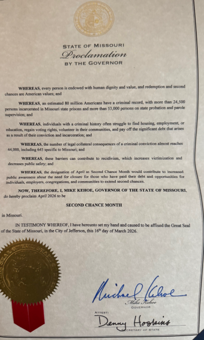 Missouri has officially declared April as #SecondChanceMonth. 🙌 Thank you <a href="/GovMikeKehoe/">Governor Mike Kehoe</a> for believing in the dignity and potential of men and women with a criminal record.