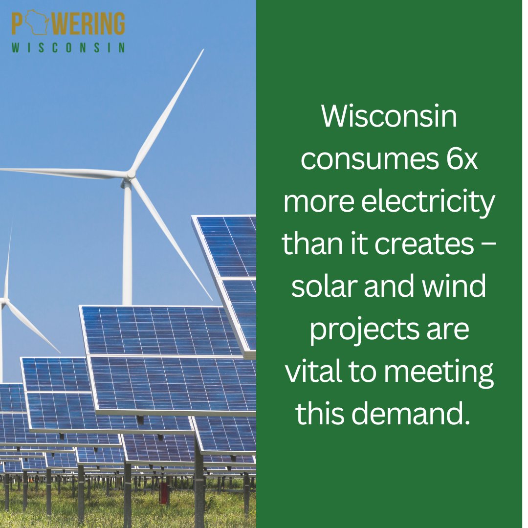 PoweringWi's tweet photo. Wisconsin consumes 6x more electricity than it creates, showing just how vital solar and wind projects are to the state meeting their energy demand, efficiently and affordably. https://t.co/FF3C8eYwAN