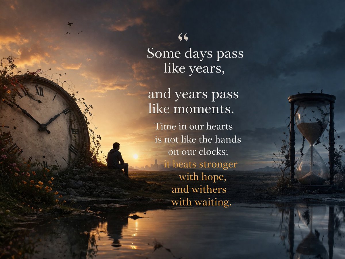 هناك أيام تمر كأنها سنوات، وسنوات تمر كأنها لحظات⏳️✨️
الزمن في قلوبنا لا يشبه العقارب في ساعاتنا؛ هو نبض يقوى بالأمل، ويذبل بالانتظار...❤️🍂