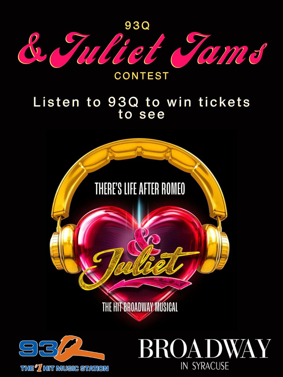 Think you know your hits? 🎶 Prove it with #AndJulietJams on 93Q! Weekdays hear it @ 7:20 and noon. Be Caller 10 at 12pm, name all 3 songs, win &amp; Juliet tickets at the Landmark Theatre (Apr 21).
Hints in the 93Q App 👀
#93Q #WinTickets #Syracuse