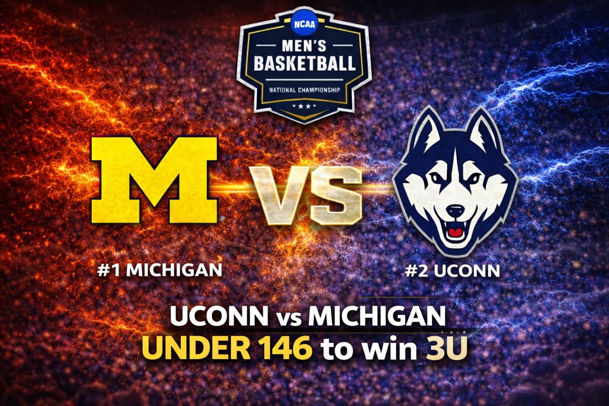 DannyBetzz's tweet image. 🚨NATIONAL CHAMPIONSHIP PLAY🚨

UConn vs Michigan

UNDER 146 (3U) 145.5 is good also

Defense wins tonight. 🔥

Let’s cash. 💰

#MarchMadness #GamblingTwitter #NationalChampionship