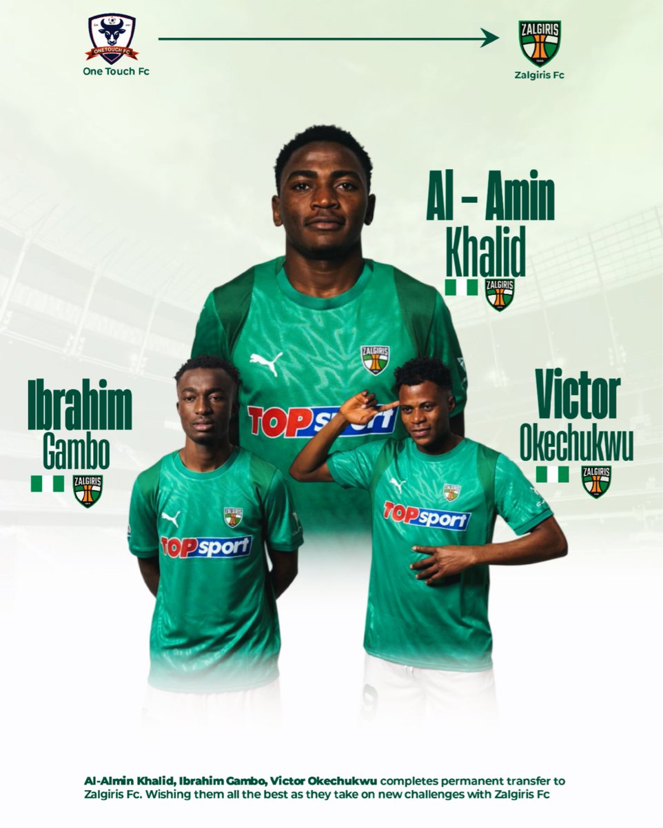 _OneTouch_FC's tweet photo. Results from our last scouting event 

Our Players Al-Almin Khalid, Ibrahim Gambo, Victor Okechukwu completes permanent transfer to Zalgiris Fc. 

Wishing them all the best as they take on new challenges with Zalgiris Fc

Stay tuned for more announcements https://t.co/XYsoFtMgCZ