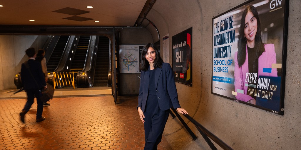 gwbusiness's tweet photo. This spring, alumni are featured across the region on Metro cars, buses and digital screens.

Leading the campaign is Macarena Martinez (MAcc ’24). 

Snap a photo and tag #StepsAwayGWSB for a chance to win GW merch or a Starbucks gift card!

Read more: https://t.co/78knvKG0sd https://t.co/jDLQPLSub8
