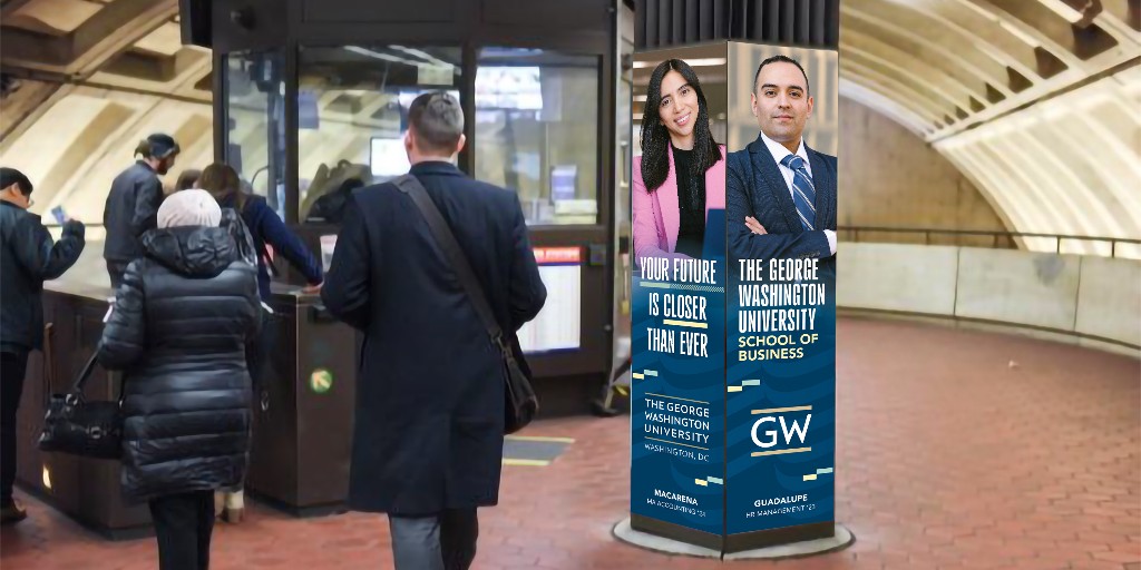 gwbusiness's tweet photo. This spring, alumni are featured across the region on Metro cars, buses and digital screens.

Leading the campaign is Macarena Martinez (MAcc ’24). 

Snap a photo and tag #StepsAwayGWSB for a chance to win GW merch or a Starbucks gift card!

Read more: https://t.co/78knvKG0sd https://t.co/jDLQPLSub8