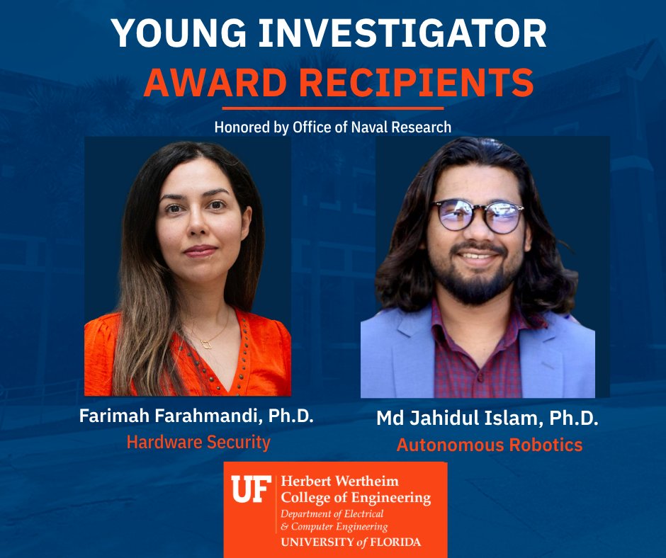 ECEflorida's tweet photo. Two ECE faculty named 2026 Young Investigator Award recipients by @USNavyResearch 👏

Farimah Farahmandi → hardware security
Md Jahidul Islam → autonomous robotics

23 selected nationwide.

🔗 https://t.co/9GlcBXIfUk https://t.co/64g3ZssgmS