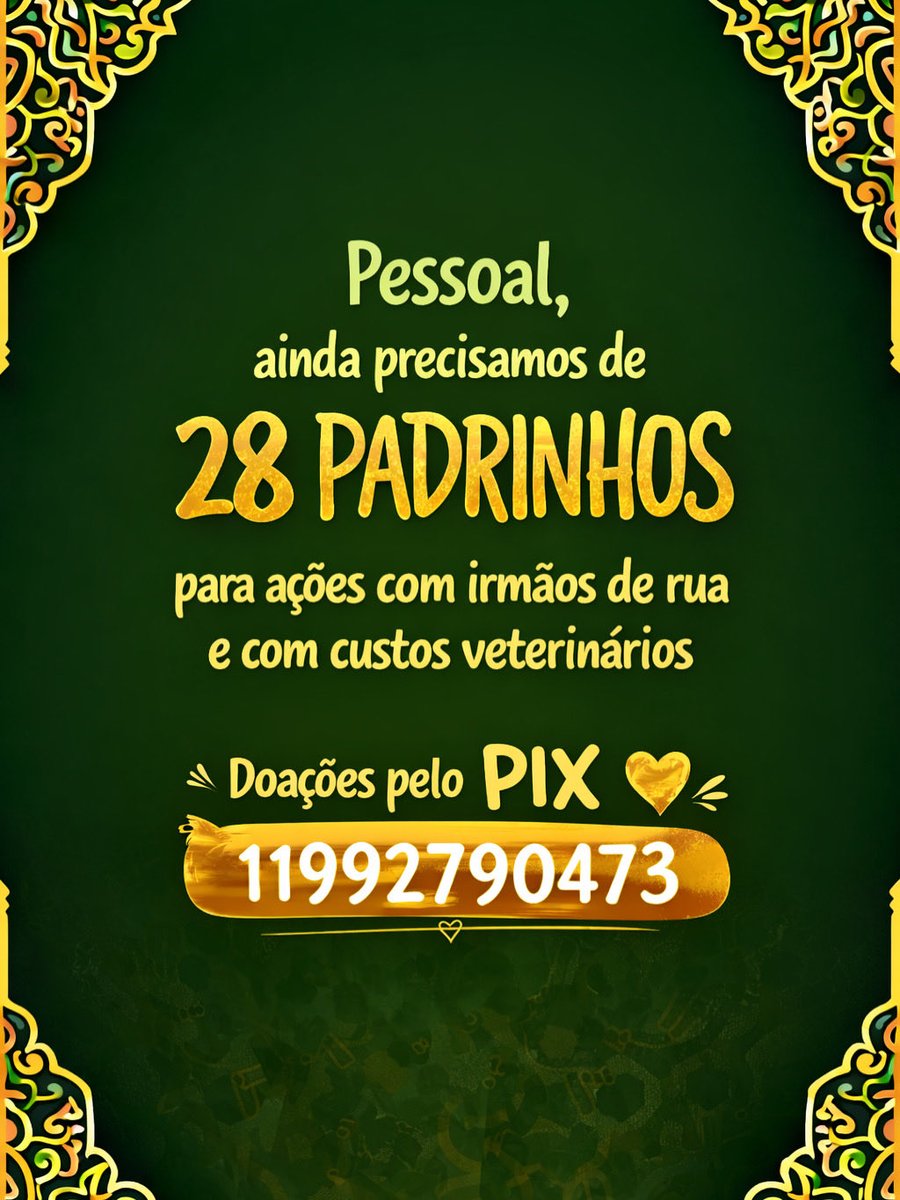 Pessoal ainda precisamos de 28 padrinhos que possam nos ajudar para as ações da semana com os irmãos de rua e também com os custos da veterinária.
Precisamos comprar água de urgência 

Doações pelo Pix 11992790473
Que Deus abençoe, gratidão 🙏🏻