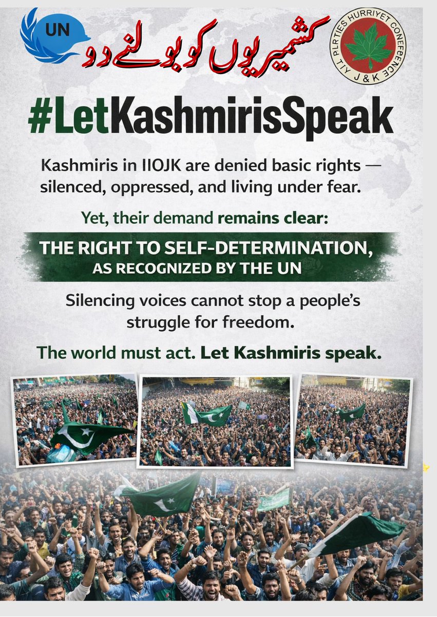 #LetKashmirisSpeak
Kashmiris in IIOJK are denied basic rights — silenced, oppressed, and living under fear.
Yet, their demand remains clear:
The right to self-determination, as recognized by the UN.
Silencing voices cannot stop a people’s struggle for freedom.
The world must act.