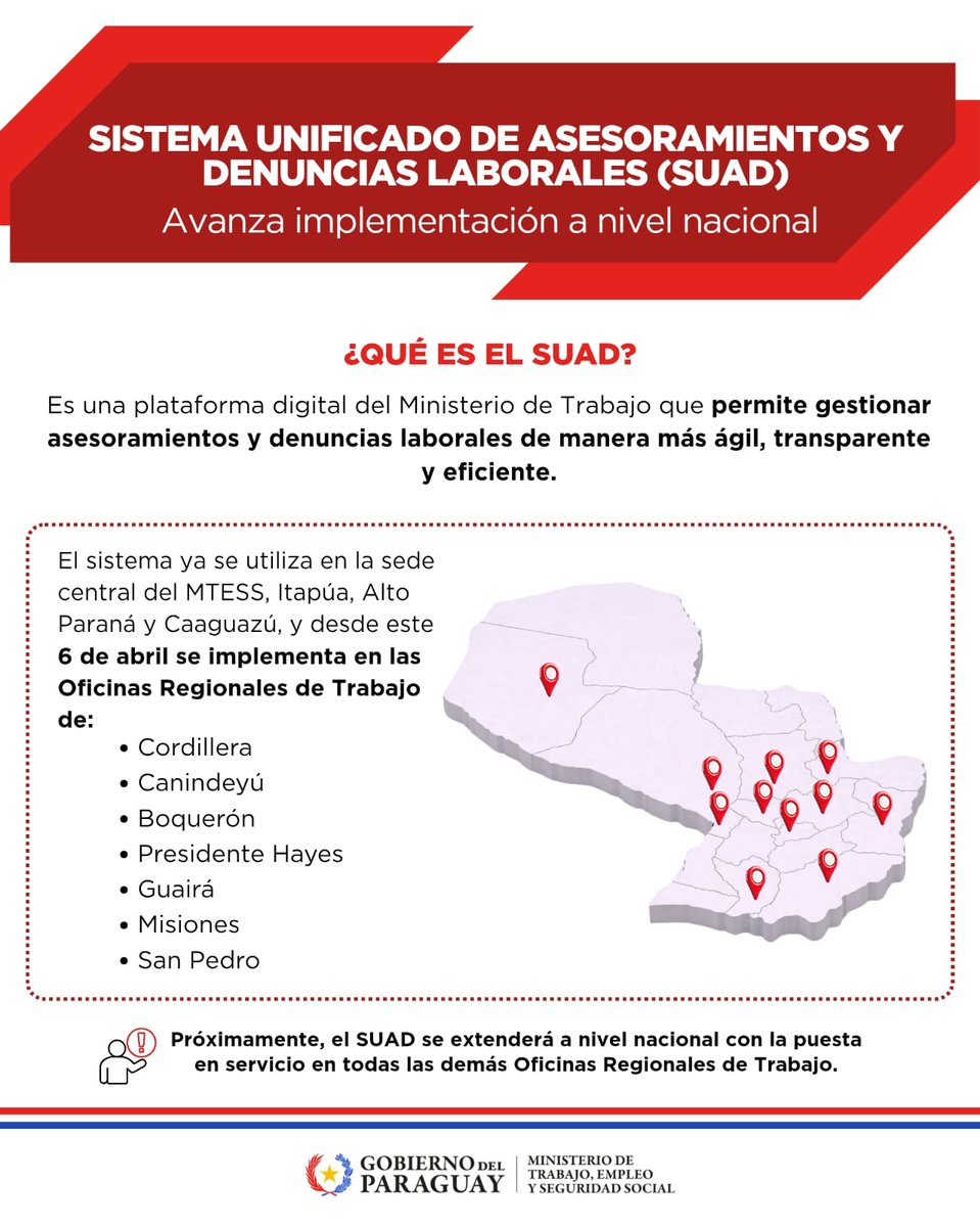 MTESS_PY's tweet photo. #Modernización| Avanza implementación del sistema de asesoramientos y denuncias laborales a nivel nacional

Con el objetivo de seguir mejorando la atención a la ciudadanía, extendemos la implementación del Sistema Unificado de Asesoramientos y Denuncias (#SUAD) a más Oficinas Regionales de Trabajo.

Tras su puesta en marcha en la sede central del MTESS, Alto Paraná, Itapúa y Caaguazú, desde este 6 de abril el sistema se encuentra disponible también en las Oficinas Regionales de Trabajo de:

📍Cordillera
📍Canindeyú 
📍Boquerón
📍Presidente Hayes
📍Guairá Misiones
📍San Pedro

El SUAD es una plataforma digital desarrollada íntegramente por profesionales de la institución, que permite unificar, estandarizar y agilizar la gestión de los casos de asesoramientos y denuncias laborales que se reciben. Próximamente, alcanzará cobertura nacional con su implementación en el resto de las Oficinas Regionales de Trabajo.