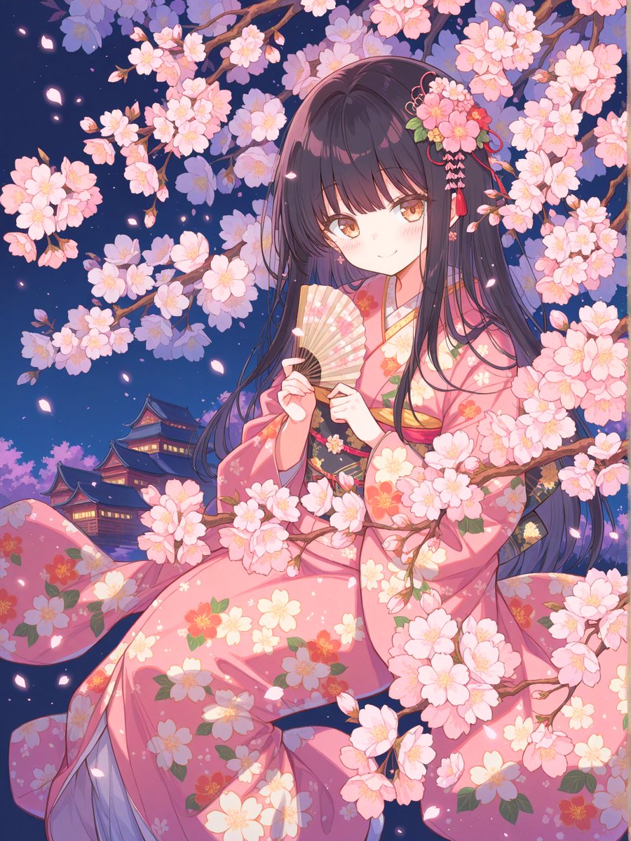 STISKN_'s tweet photo. #AIイラスト #AIart 
城下で夜桜のお花見をする着物のお姫様を作ってみました。 https://t.co/0FZa6XoJ3F