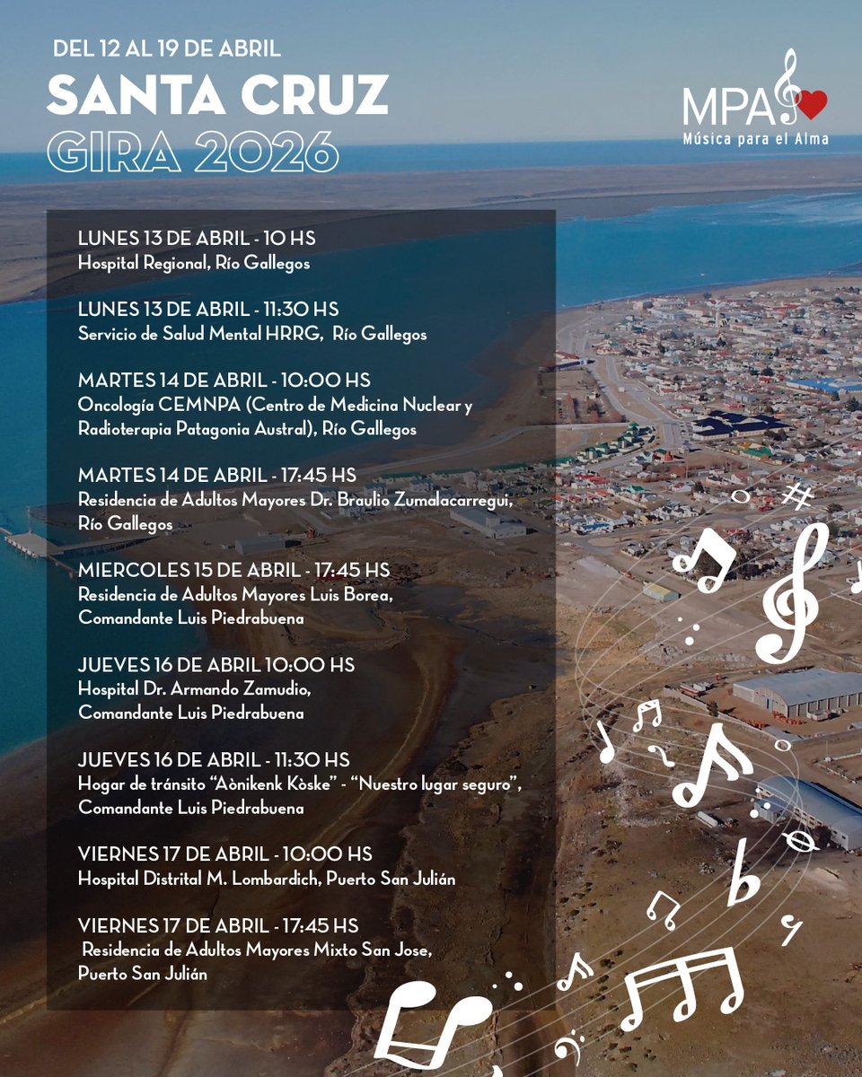 mpa_solidaria's tweet photo. Música para el Alma, Gira a Santa Cruz, Abril de 2026.
9 conciertos solidarios y gratuitos. https://t.co/5LzgHj3El0