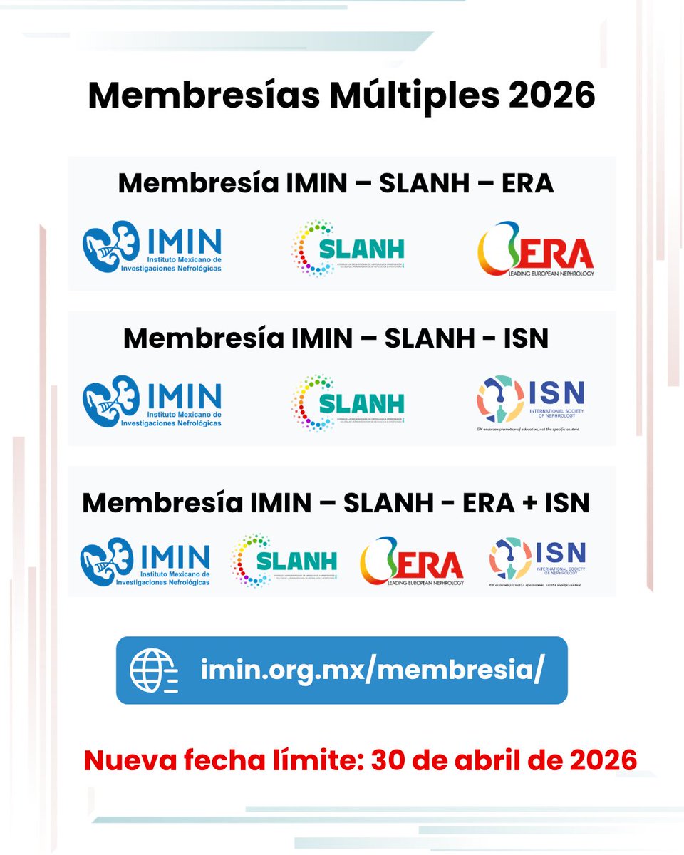 IMINmx's tweet image. 🚨 En coordinación con SLANH, se ha extendido el plazo para adquirir las Membresías Múltiples IMIN 2026.

⏳ Nueva fecha límite para obtener tu membresía: 30 de abril de 2026.

imin.org.mx/membresia/

#IMIN #IMIN2026 #SomosIMIN #MembresíasMúltiplesIMIN